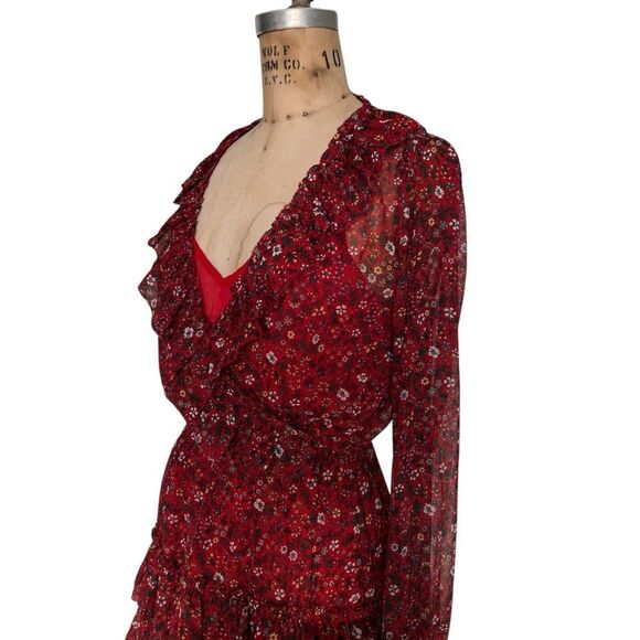 Pepe Jeans Red Floral Ruffle V-Neck Dress Size Small - Picture 4 of 7